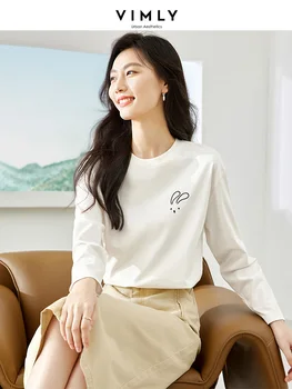 Женска тениска VIMLY от 100% памук, бели блузи с дълъг ръкав, есенна мода 2023, бродерия заек, ежедневни дамски тениски M2511