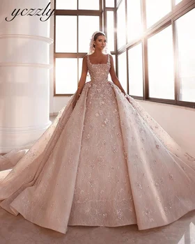 Сватбена рокля с квадратни деколтета, топката принцеса рокля, дантелени апликации, диамантен сватбена рокля, Луксозен Дубай кристална халат YW45