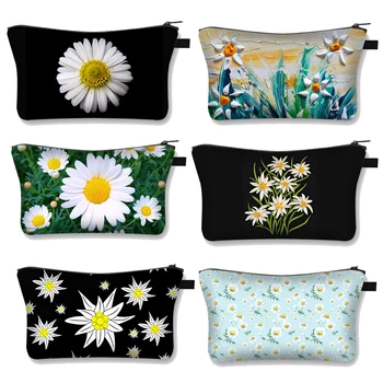 Чанта за грим с флорални принтом еделвайс/ириси, дамски ежедневни косметичка, държач за червило, чанта за тоалетни принадлежности, чанта с цип, подарък