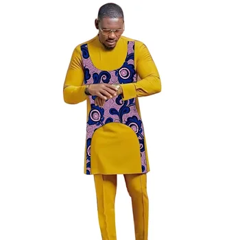 Лоскутная риза с едноцветните панталони, жълто мъжки костюм на младоженеца, мъжки нигерийская мода, зашити на поръчка африканска празнична облекло