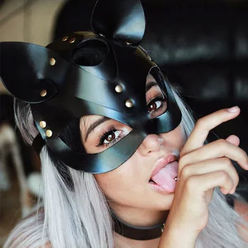 Дамски секси кожена маска на половината от лицето, на маскарадните маски, секс-играчки, маска котка на Хелоуин маски за cosplay в стил пънк-партита, еротични аксесоари