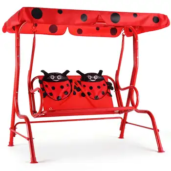 Червена детска пейка-люлка за вътрешен двор с навес за колан на автомобила, градинска мебел