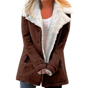 Якета за жени, тренчи, големи размери, зимни топли композитни сака с ревери копчета, връхни дрехи, палто от кафяв XL