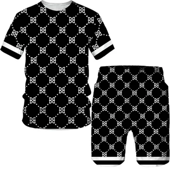 Лятна мъжка тениска луксозен комплект спортни облекла с 3D-принтом, тениска голям размер, шорти, модерен костюм, градинска и плажна мъжки дрехи