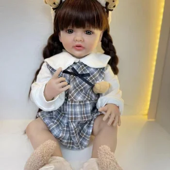 55 СМ Мека Vinyl Възстановената Момиче на 22 инча Кукли-Реборн С Дълга Кестенява Коса, Реалистична Играчка За малки Деца, Подарък За Рожден Ден