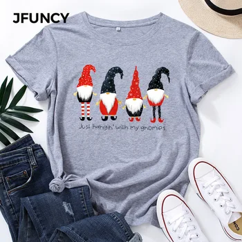 JFUNCY, женски блузи от 100% памук, коледна тениска с принтом на Дядо Коледа, на женската риза, дамски тениски с къс ръкав и шарките