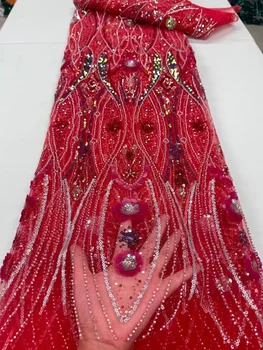 Червена лейси кърпа за френския младоженеца, нова висококачествена африканска лейси плат с големи пайети, нигерийская тюлевая мрежа, дантела и плат за сватба