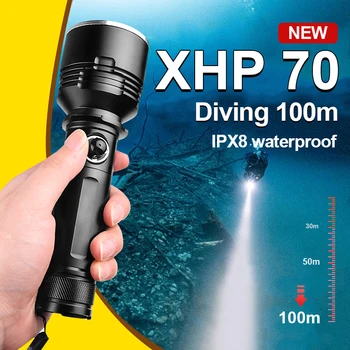 XHP70 IPX68 Водоустойчив Высокомощный Led Фенерче за Гмуркане и Подводен 100 м 26650 Акумулаторна Лампа За Гмуркане L2 Ловен Фенер За Гмуркане