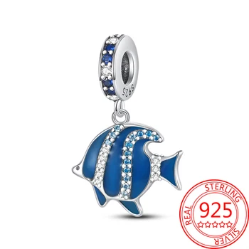 Красивата морска живот, сребро 925 проба, синьо бижу, медальон във формата на риба-клоун райе, подходящ за гривна Pandora, вечерни бижута, подаръци