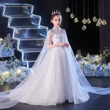 2023 Нова Бяла Вечерна рокля с влак за момичета в стила на Принцеса, Рокля с Цветя Модел за Момичета на Сватба, Индивидуален Размер