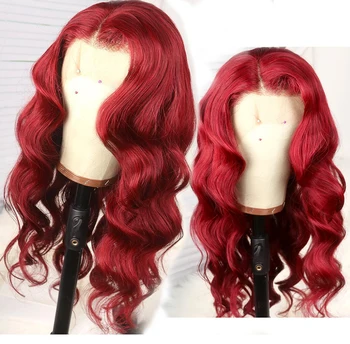 Перука дантела прозорци отпред вино-червено на цвят, стил на насипни вълна, бразилски дантела перуки, изработени от човешка коса за черни жени с плътност 150% от линията на растеж на косата на бебето