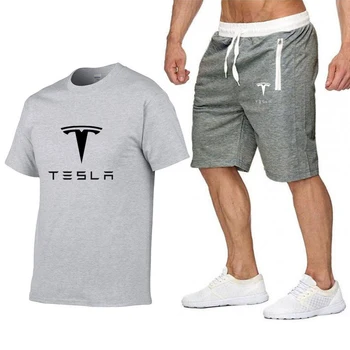 Мъжка Лятна Мъжка тениска с логото на автомобил Tesla с Къс ръкав, тениска в стил хип-Хоп в стил Харадзюку, висококачествени Памучни Тениски, брючный костюми, Спортно Облекло