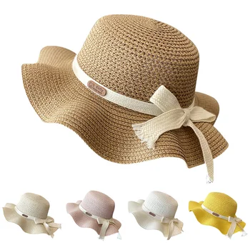 Шапка с голяма периферия за малки момичета, летни плажни детски слънчеви шапки за момичета, аксесоари, регулируема панделки принцеса, детски шапки-кофи от 2 до 8 години