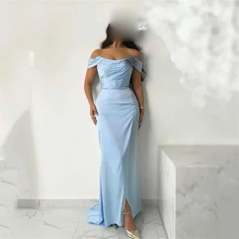 GORGA Blue Модно вечерна рокля Русалка, без презрамки, с открити рамене, без ръкави, расшитое кристални пайети, с дължина до пода рокля за абитуриентски бал с висока цепка