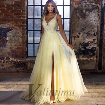 Очарователно вечерна рокля с V-образно деколте, от бледо-жълт кристал, апликации за сватбени партита, отстрани на бретелях, по поръчка, халат за бала