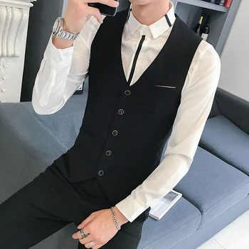 Черен костюм, жилетка, мъжки официални бизнес мъжки халат на корейското приталенное мъжки обличам жилетка класически сватбен жилетка младоженеца calual male