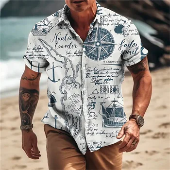 Мъжки ризи с модерен морски графичен 3D принтом, ежедневни блузи с къс ръкав, лятна плажна риза за мъжете, негабаритная свободна блуза Camisa
