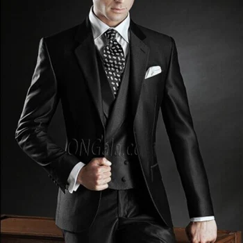 Черен смокинг булката за сватбата и лацканом, приталенные официални мъжки костюми от 3 теми, мъжки модерно яке, панталон, жилетка