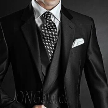 Черен смокинг булката за сватбата и лацканом, приталенные официални мъжки костюми от 3 теми, мъжки модерно яке, панталон, жилетка Черен смокинг булката за сватбата и лацканом, приталенные официални мъжки костюми от 3 теми, мъжки модерно яке, панталон, жилетка 1