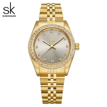 Shengke Нови дамски часовник, дамски кварцов часовник от неръждаема стомана, дамски часовници с кристали, водоустойчиви дамски часовници Relogio Feminino + подарък кутия