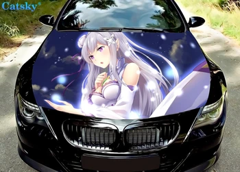 Секси момиче от аниме, ливрея Re Zero, vinyl стикер на предния капак на автомобила в японски стил, цветни аксесоари за автомобили, графична стикер на предния капак отстрани