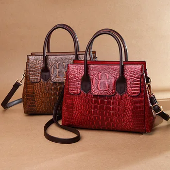 Дамски нова чанта-тоут от крокодилска кожа, е с голям капацитет, чанта през рамо, тенденция европейската и американската мода, чанта в различни цветове