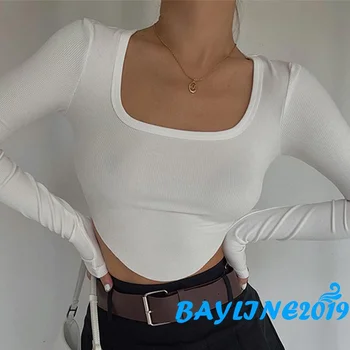 BAY-Женски възли плочи с квадратна деколте и неравен подолом, обикновен пуловер, ежедневни риза, за партита и клубове