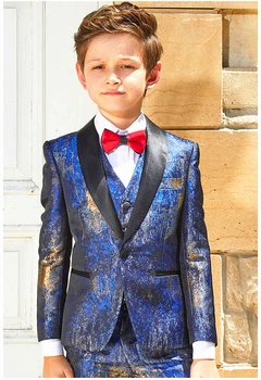 Син костюм за момчета, комплект от 3 теми, детски рокли за сватбеното парти, официален костюм с цветя модел за момчета, детски смокинг, комплекти блейзеров