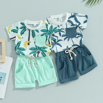 Летни дрехи за малки момчета, костюми в плажен стил, тениски с кръгло деколте и принтом под формата на дърво, тениски и панталонки с еластична талия, комплект от 2 теми