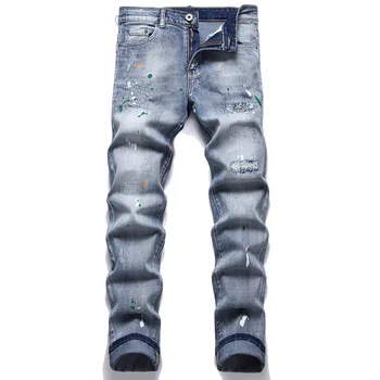Мъжки скъсани дънки-участък с дупки, лоскутные тънки зауженные панталони, модни градинска дрехи, сини панталони