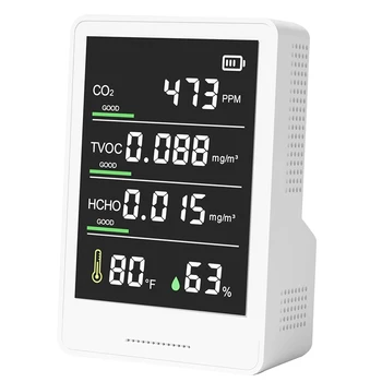 Мониторинг на качеството на въздуха тестер детектор на CO2 CO2, TVOC, HCHO, брояч на частици влажност и температура, за домашна кола