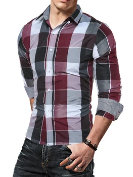 Мъжки Класически Клетчатая риза с копчета с яка-лацканом и дълги ръкави - Стилна клетчатая блуза обичайните размери
