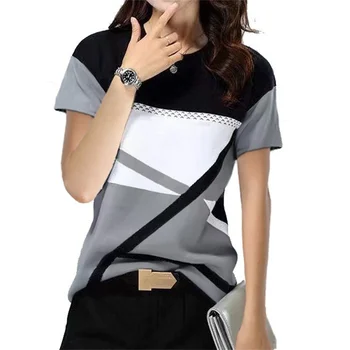 Елегантен топ с геометричен принтом в цвят блок, женски годишният случайни пуловер с кръгло деколте, риза с къси ръкави, ризи, дамски основни