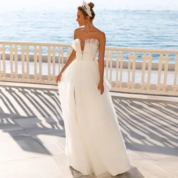Sevintage Сватбена рокля на принцеса в стил бохо с V-образно деколте и накъдрен, диференцирани с плажна сватбена рокля без ръкави, сватбени рокли, в пъти, по-големи размери