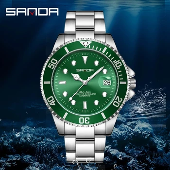 На BIANA Green Water Дух, нови мъжки часовници, механични часовници е от неръждаема стомана, моден календар с прости циферблат, светлинен 30 м, водоустойчив