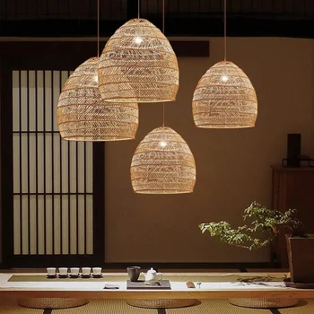 Нов лампа от ратан китайски стил за престой в семейството, реколта висящи лампи, таванско помещение, хол, трапезария, начало декор, осветление E27