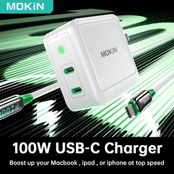 MOKiN бързо зарядно устройство джобно 100 W Type C 2 порта PD зарядно устройство за MacBook Pro Xiaomi PC Phone Бързо зарядно устройство Адаптер led кабел