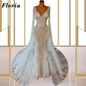 Floria Луксозни арабски бели сватбени рокли за парти с V-образно деколте 2023, най-новия вечерна рокля от Дубай, расшитое мъниста, индивидуално женствена рокля за бала, халат за баня