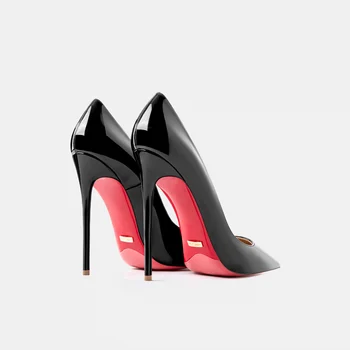 Луксозна марка кожени дамски обувки, червени класически обувки-лодки, с блестящ език, лаконичен черни обувки на висок ток, сватбени обувки на тънък ток 10 см на 12 см