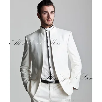 Елегантен бял мъжки костюм, комплект от 2 теми, сшитое на поръчка бизнес вечерна рокля за бала, смокинги за сватбени партита, класически яке + панталон