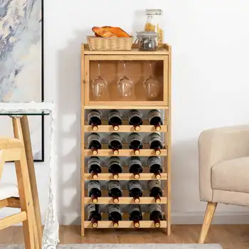 Модерен бамбук вино кабинет на 20 бутилки, свободно стояща полк за дисплея със стъклен закачалка
