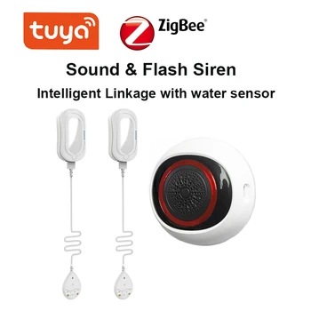2 елемента Sasha Smart Zigbee Сензор, изтичане на вода за Мониторинг на течове Известие приложения Интелигентна връзка с интелигентен звук и светкавица сирени