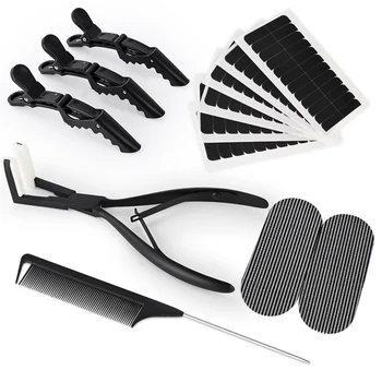 Инструменти за удължаване на косата FOSHIO Клещи от неръждаема стомана със силиконови облицовки, тиксо, комплект за полагане на човешкото в хола на перуката