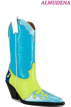 Сини каубойски ботуши от смесена кожа, дамски обувки в западен стил, с остри пръсти на дебелите обувки, летни нови луксозни дизайнерски обувки голям размер
