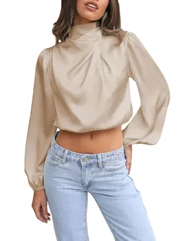 Дамски сатен коприна блуза с имитация на шията и дълъг ръкав, риза коприна за работа в офис, свободна елегантна ежедневна блуза, топ