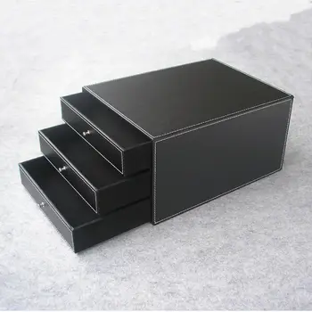 3-слойный 3-плъзгаща се дървена кожена работно метален шкаф шкаф кутия за съхранение на офис организатор контейнер за документи черен PWJG004