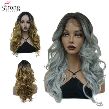 StrongBeauty Омбре златисто-сив дълга къдрава перука на дантели отпред за жени, синтетични перуки на дантели с тъмни корени на косата