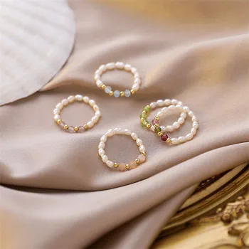 Пръстен с перли, бродирани с множество мъниста, естествени сладководни перли, геометрични пръстени за жени, непрекъснат кръг, минималистичные, многослойни вечерни пръстени