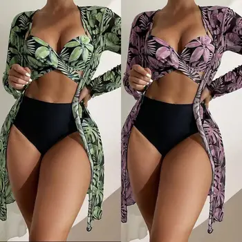 2023 Годишен женски комплект бикини повдигащ жената е сексуално сетчатое бикини-комплект от три елемента, двойни бански костюми с принтом, бански