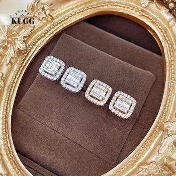 Обеци от бяло или розово злато KUGG 18 Карата, обеци с естествени диаманти, модни обици квадрат, вечерни бижута за жени, за сватба